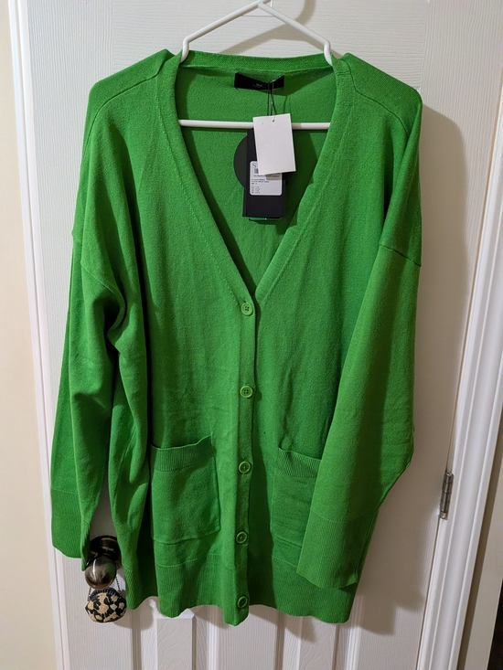 WB with black Sweaters - Vibrant Green V-Neck Button Cardigan Sweater